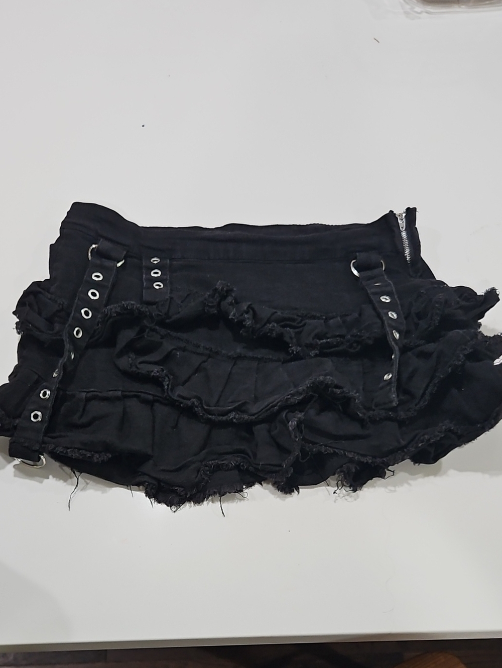 Black Ruffled Mini Skirt with Eyelet Straps  Grunge Goth Sz Sm